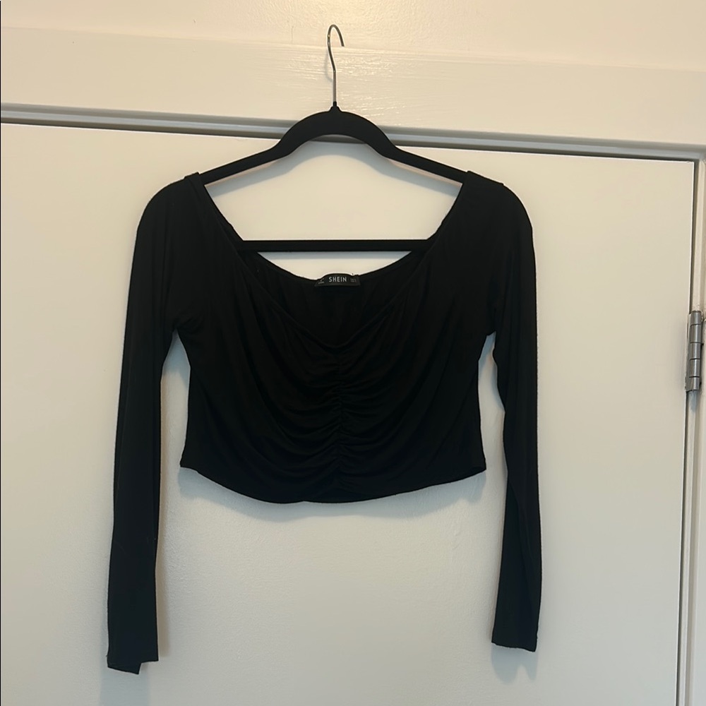 SHEIN Black Ruched Crop Blouse